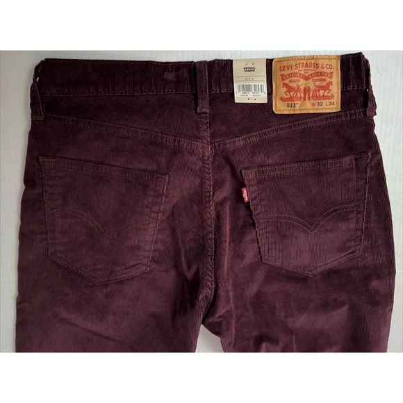 Levis 511 Slim Pants Men's 32x34 Maroon Corduroy Wine Tasting Stretch Pants - Picture 5 of 14